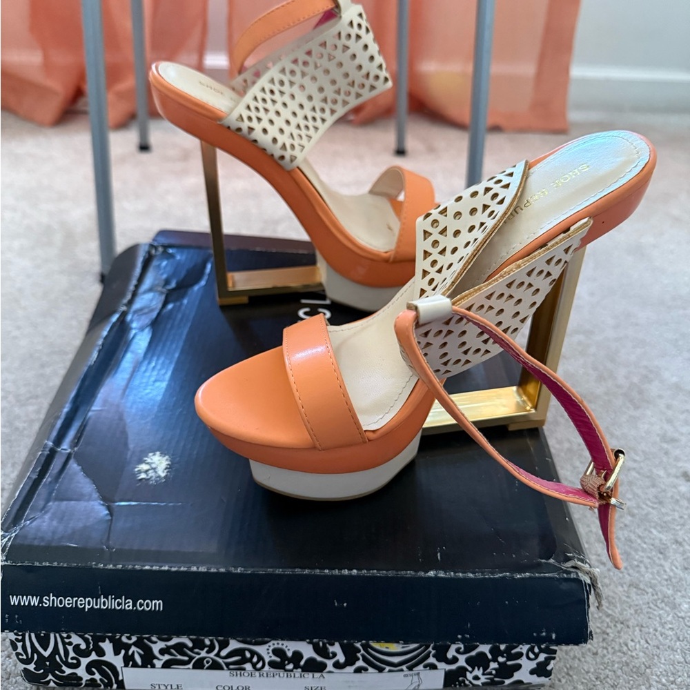 Elegant Coral, Cream and Gold L shaped  Heels with Ankle Strap